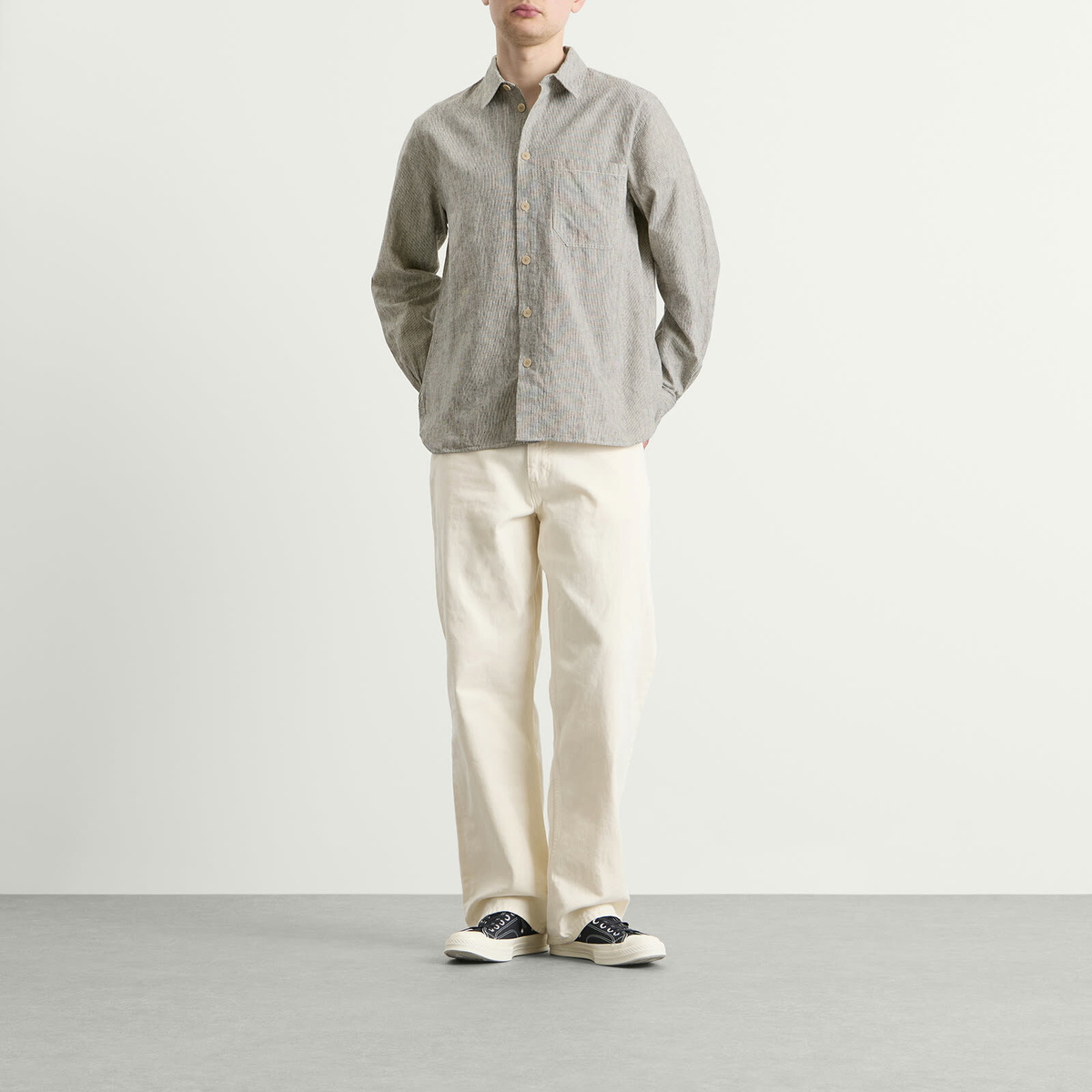 Folk Men's Easy Fit Shirt in Black Linen Stripe