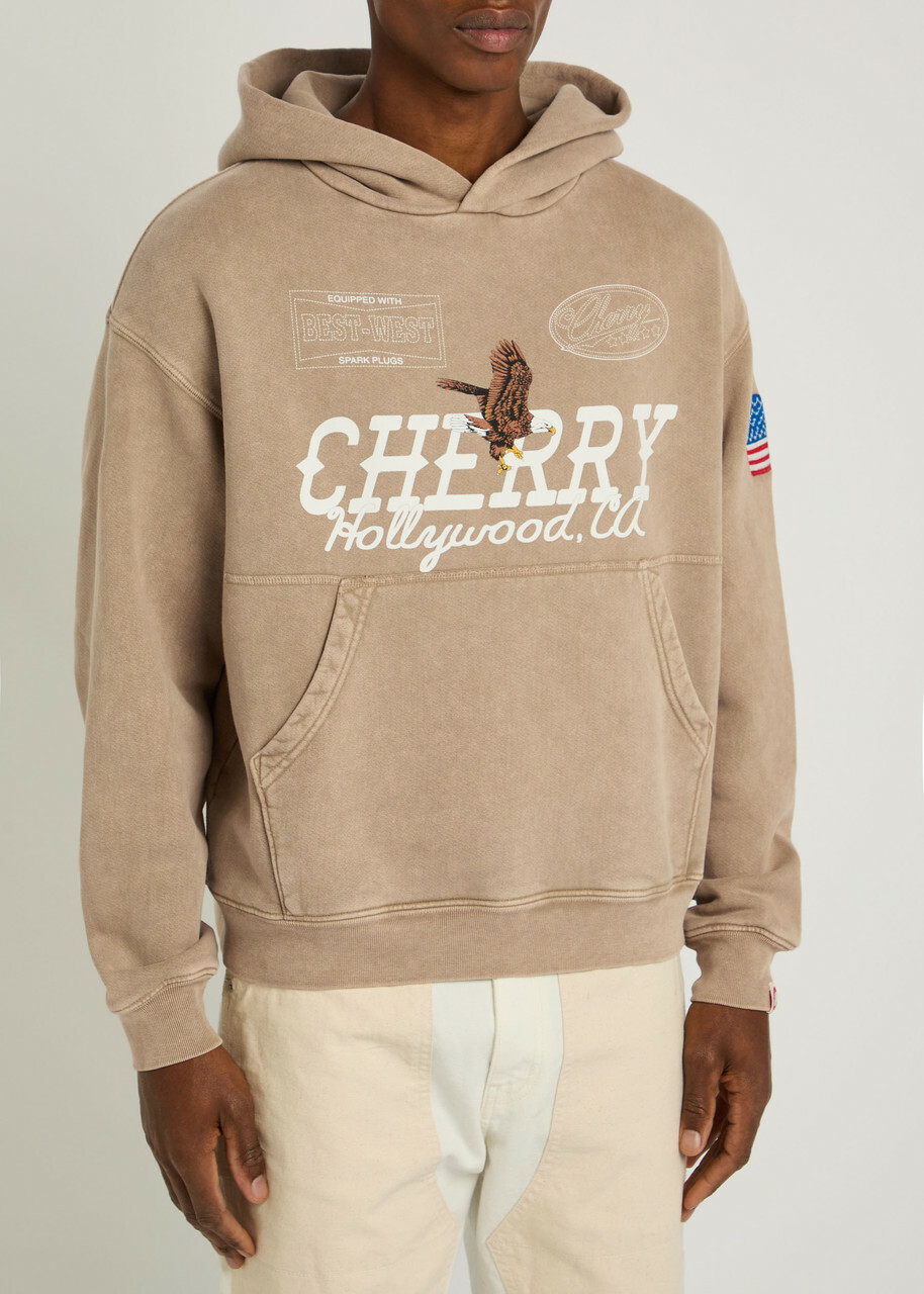 Cherry Los Angeles Hollywood Logo Hooded Cotton Sweatshirt Tan