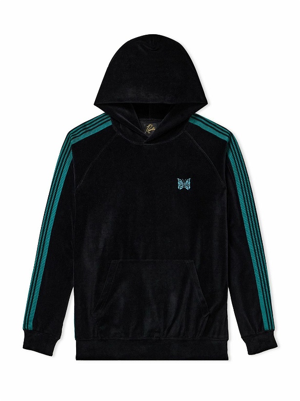 Photo: Needles - Webbing-Trimmed Logo-Embroidered Cotton-Blend Velour Hoodie - Black