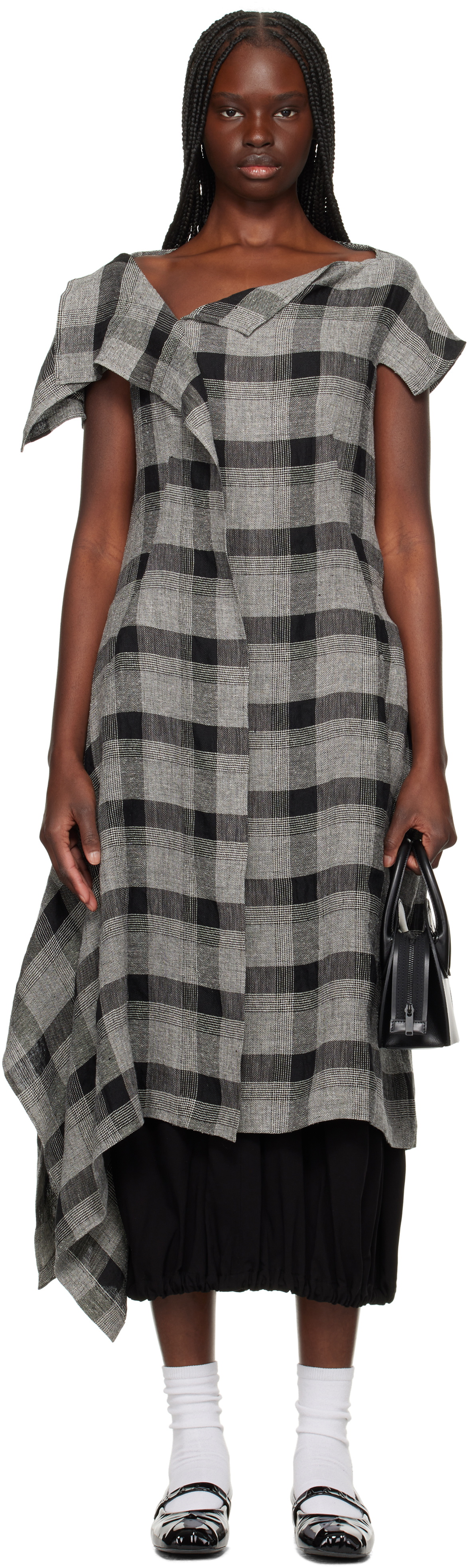 Y's Black & Gray U-Handkerchief Hem Midi Dress