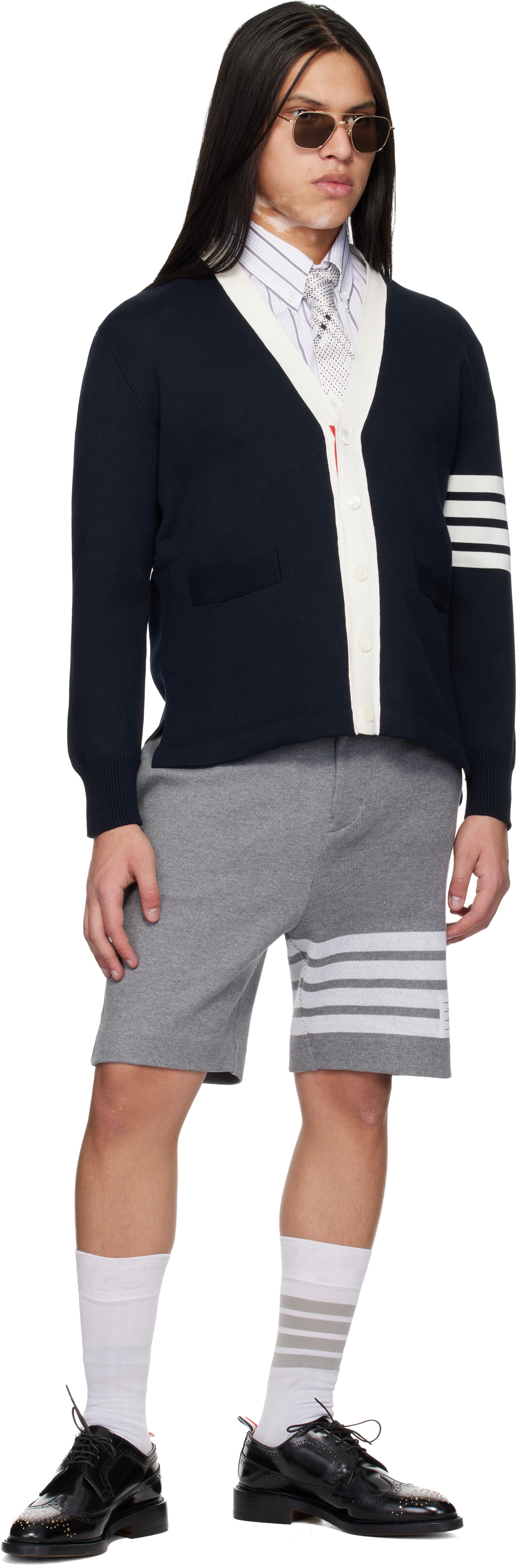 Thom Browne Navy Crest Intarsia Jacquard 4-Bar Rugby Fit Cardigan