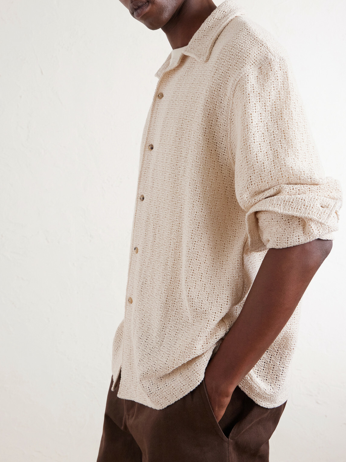 De Bonne Facture - Holiday Camp-Collar Crocheted Cotton Shirt - Neutrals