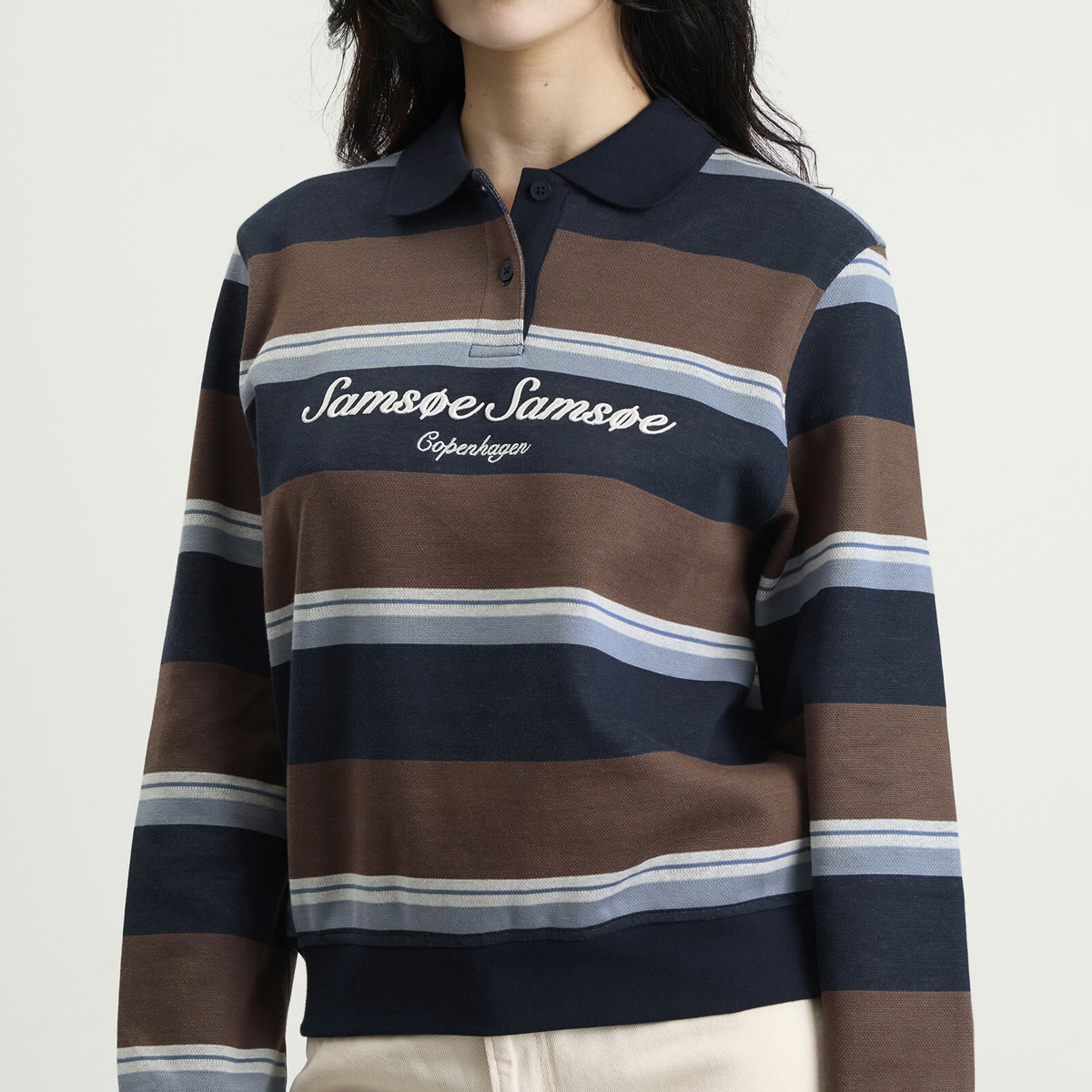 Samsøe Samsøe Women's Sadory Long Sleeve Polo in Brown Blue Stripe