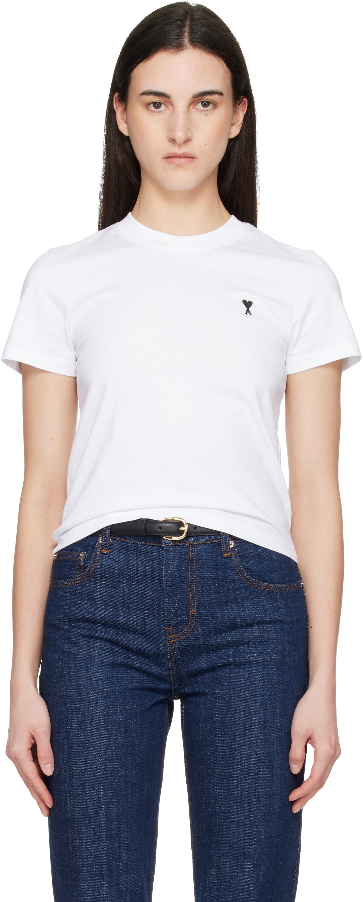 AMI Paris White Cotton Ami de Coeur Cropped T-shirt