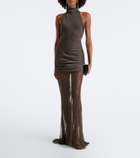 De La Vali Eldra ruched lace-trimmed satin maxi dress