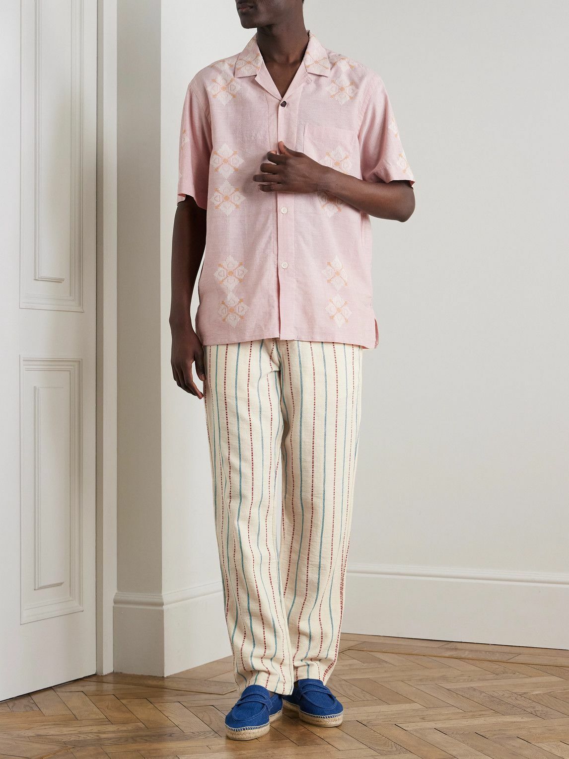 Kardo - Striped Straight-Leg Cotton-Canvas Drawstring Trousers - Green