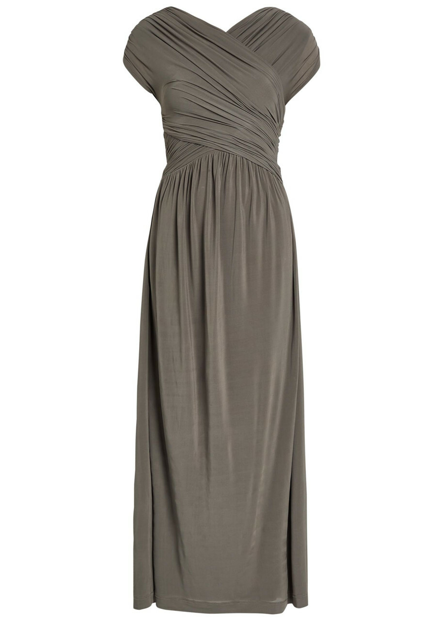 Tove Freja Cross-over Ruched Stretch-jersey Midi Dress Dark Green