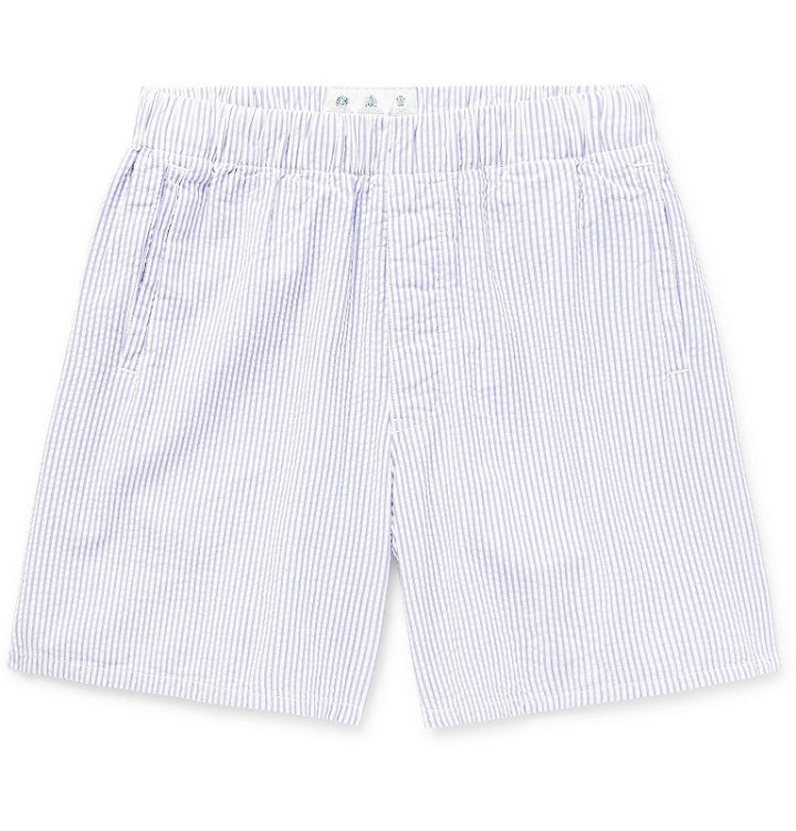 Photo: Barbour White Label - Striped Cotton-Seersucker Shorts - Blue