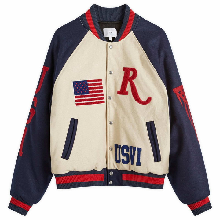 Photo: Rhude Men's St. Croix Varsity Jacket in Ivory/Navy
