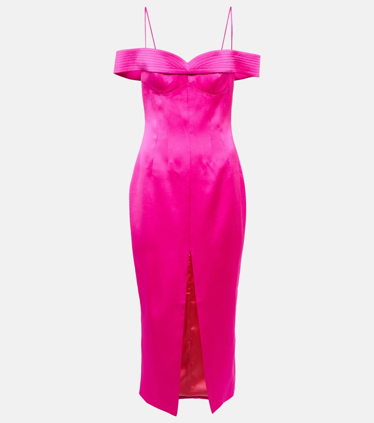 Romantic A-Line Off Shoulder Satin Midi Floral Dress