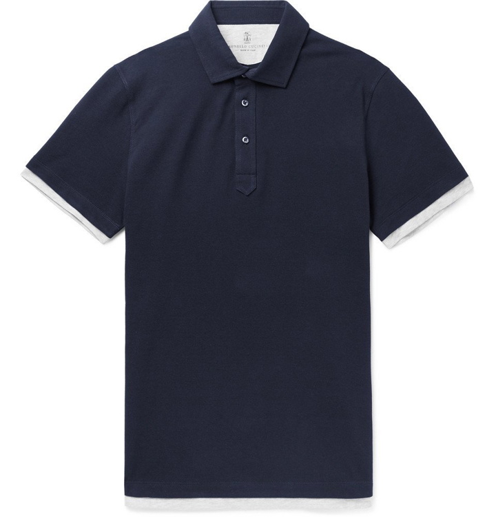 Photo: Brunello Cucinelli - Slim-Fit Layered Cotton-Piqué Polo Shirt - Navy