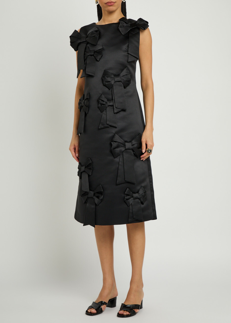 Ganni Bow-appliquéd Satin Midi Dress Black
