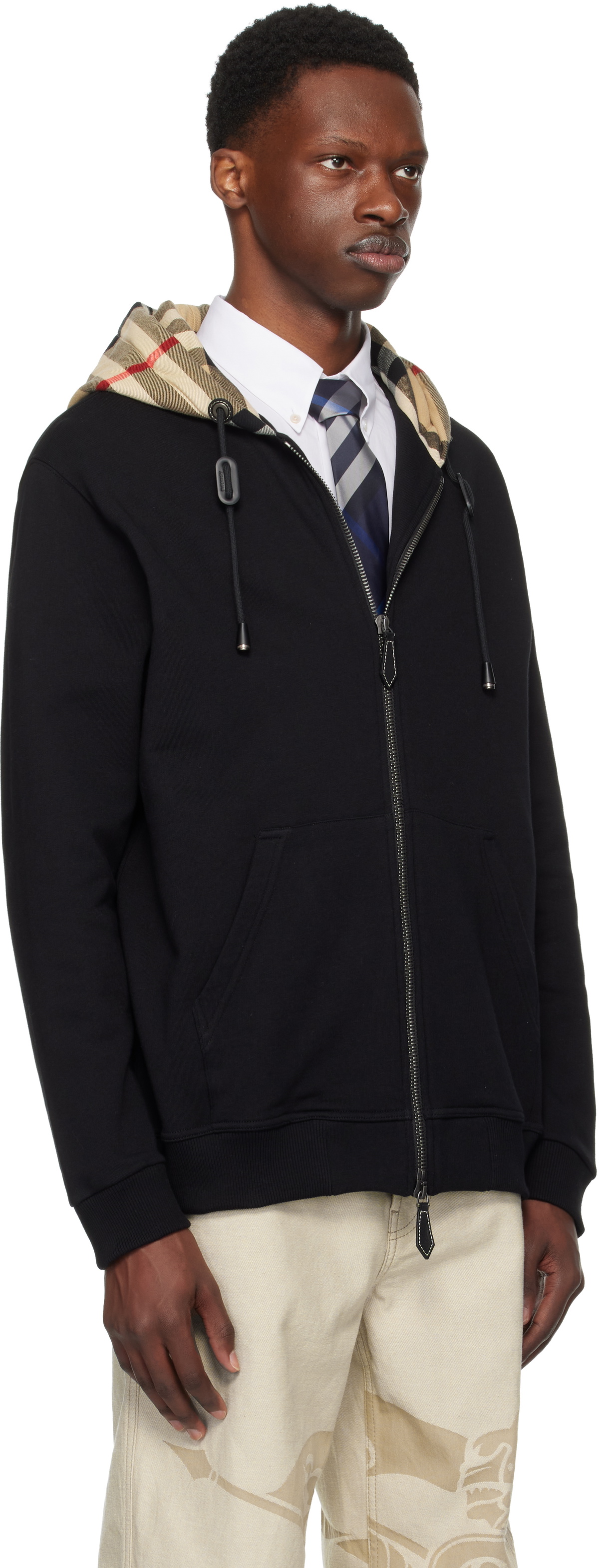 Burberry Black Check Hood Cotton Zip Hoodie Burberry