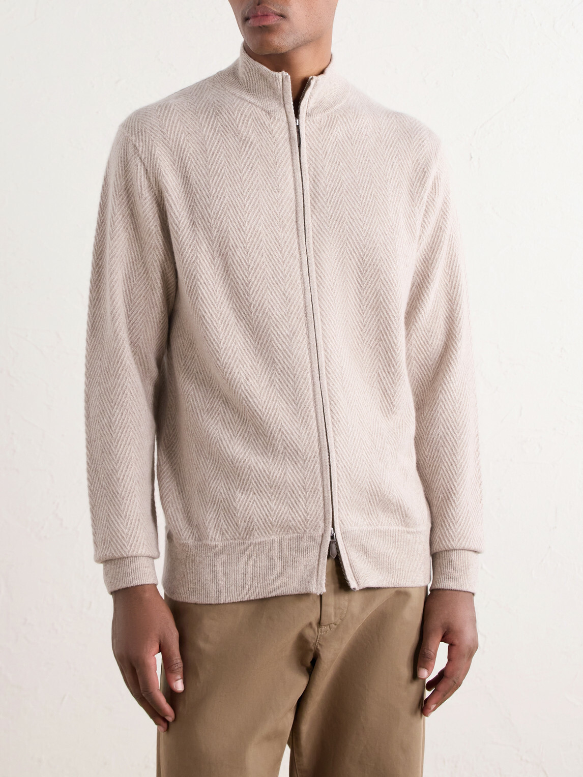 N.PEAL - Knightsbridge Herringbone Cashmere Zip-Up Cardigan - Neutrals
