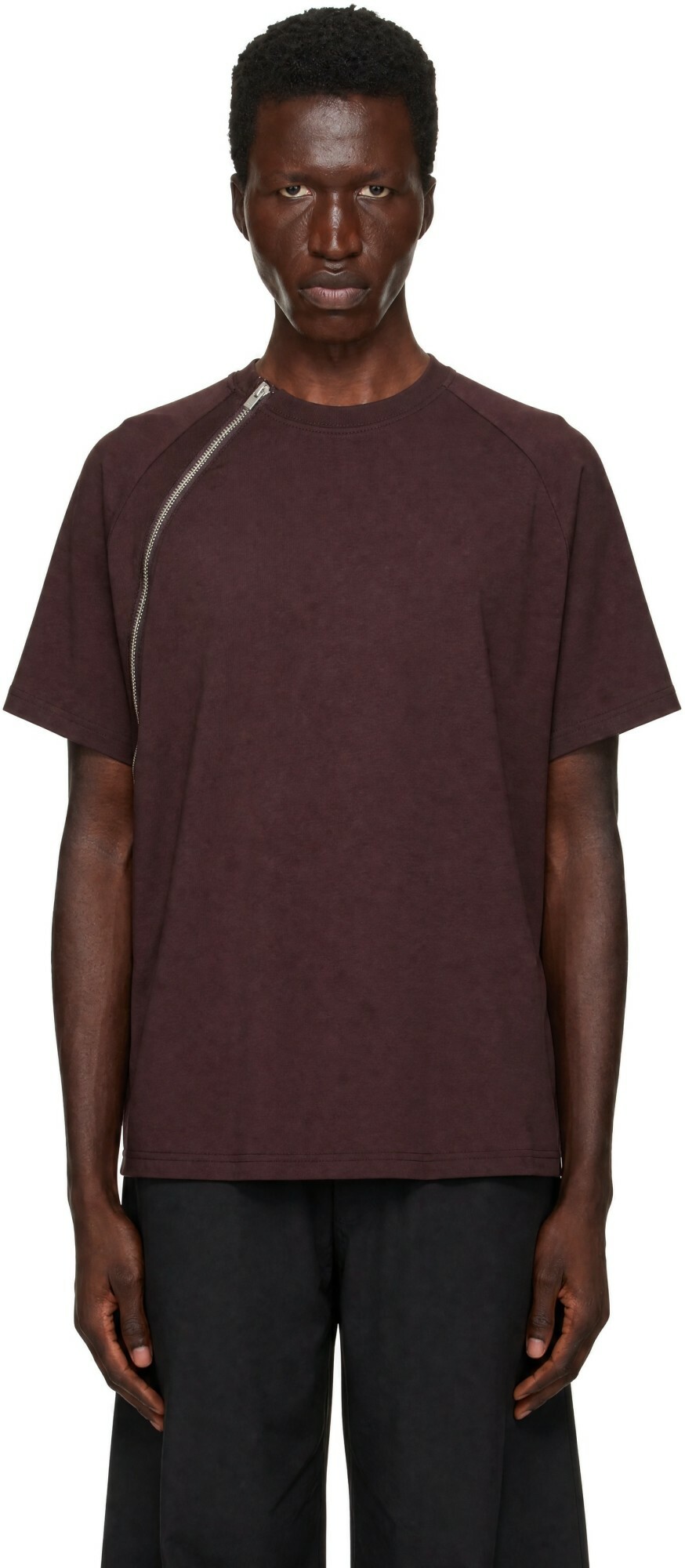 HELIOT EMIL Burgundy Sequence Zip T-shirt