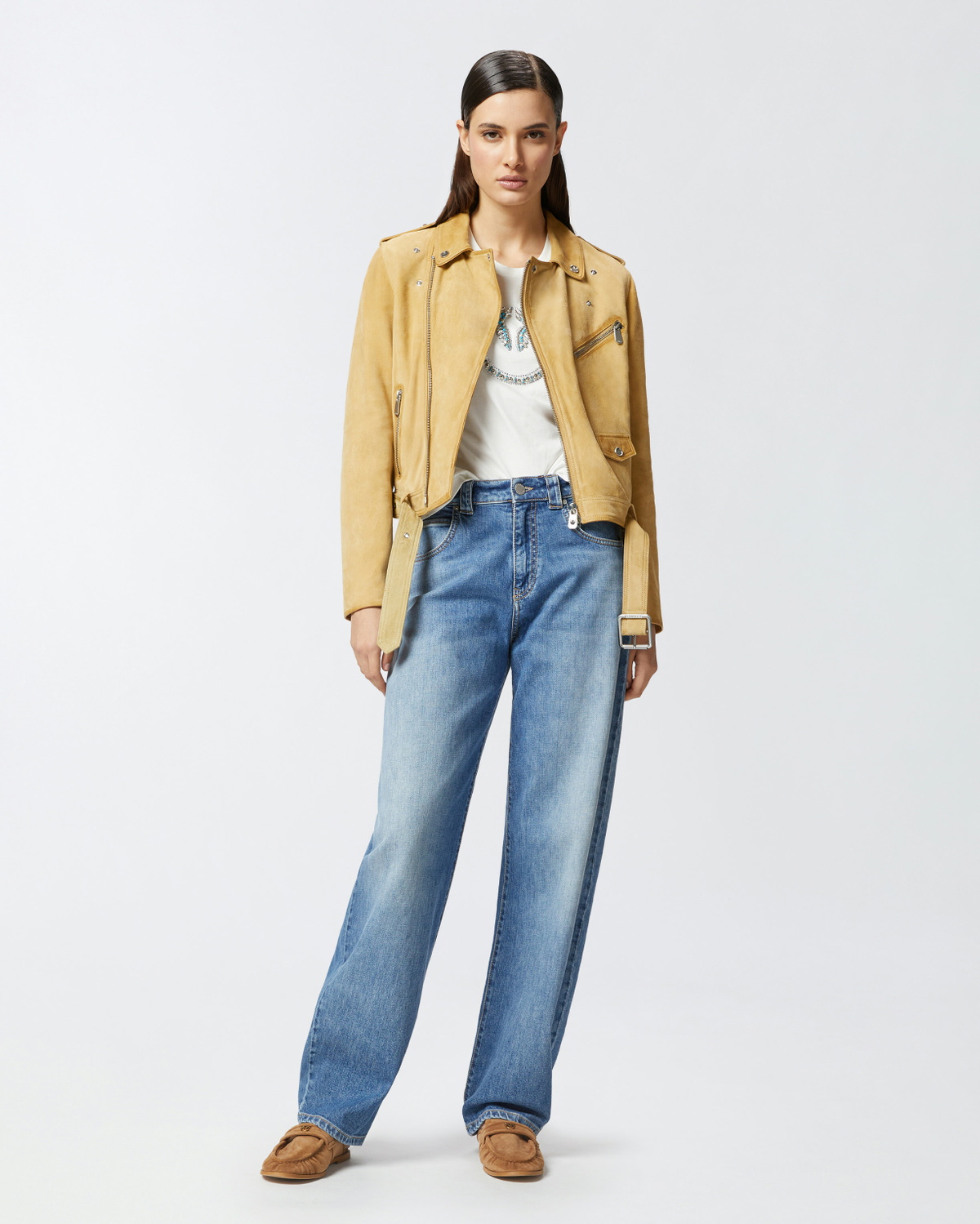 Pinko Suede Biker Jacket With Old Effect Antelope Yellow