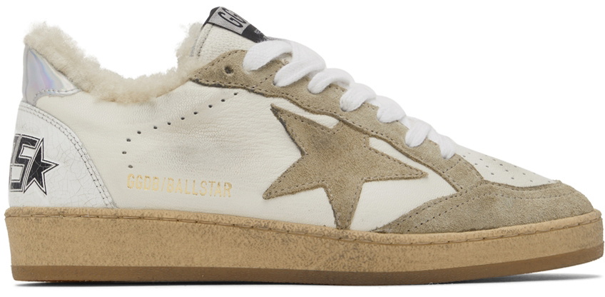 Golden Goose White & Taupe Shearling Ball Star Sneakers Golden