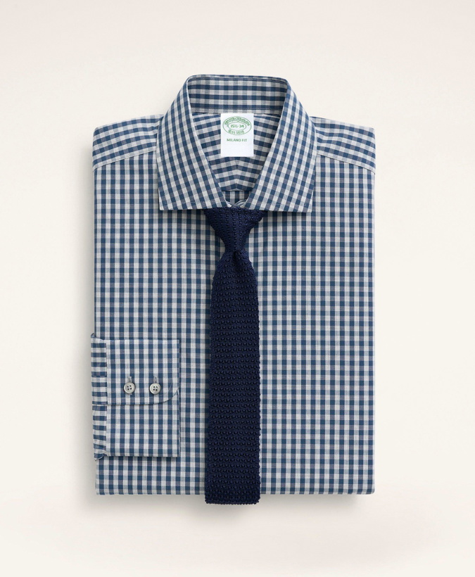 Photo: Brooks Brothers Men's Milano Slim-Fit Dress Shirt, Poplin English Collar Gingham | Grey/Navy
