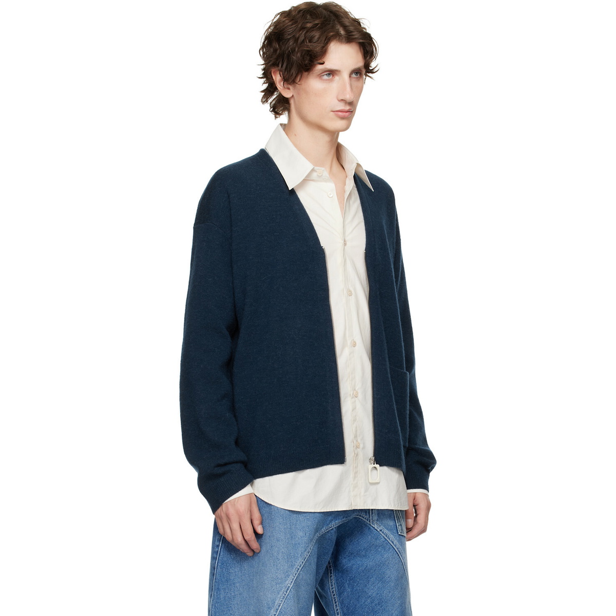JW Anderson Navy V-Neck Zip-Up Cardigan