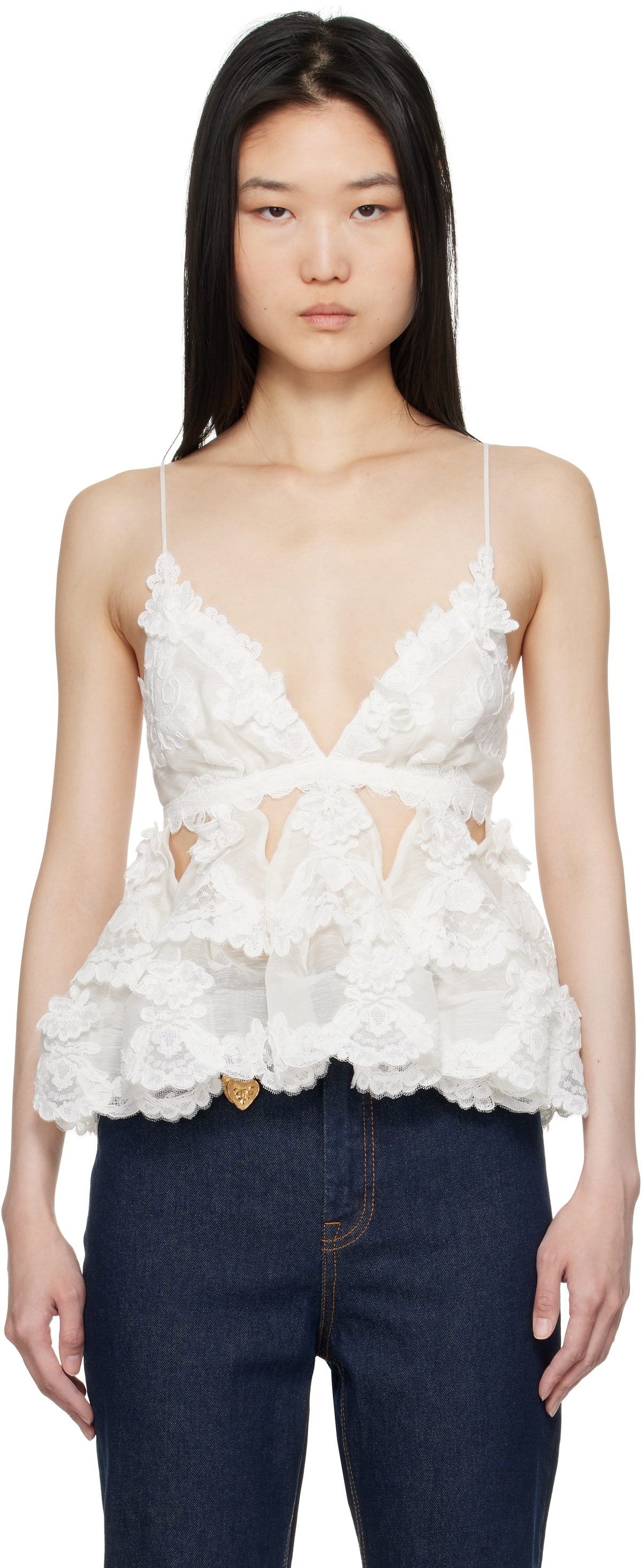 ZIMMERMANN Off-White Crush Lace Motif Tiered Camisole Zimmermann ZIMMERMANN Off-White Crush Lace Motif Tiered Camisole Zimmermann