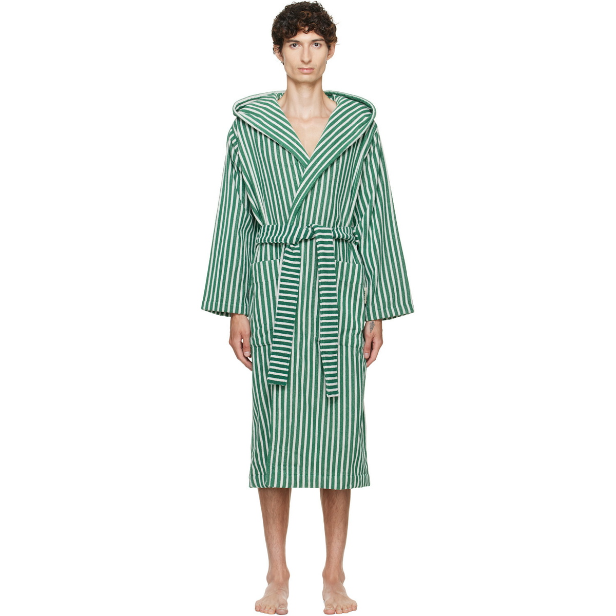 Tekla Green & White Terry Hooded Bathrobe