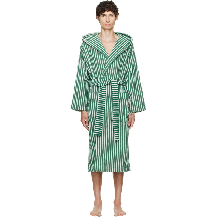 Photo: Tekla Green & White Terry Hooded Bathrobe
