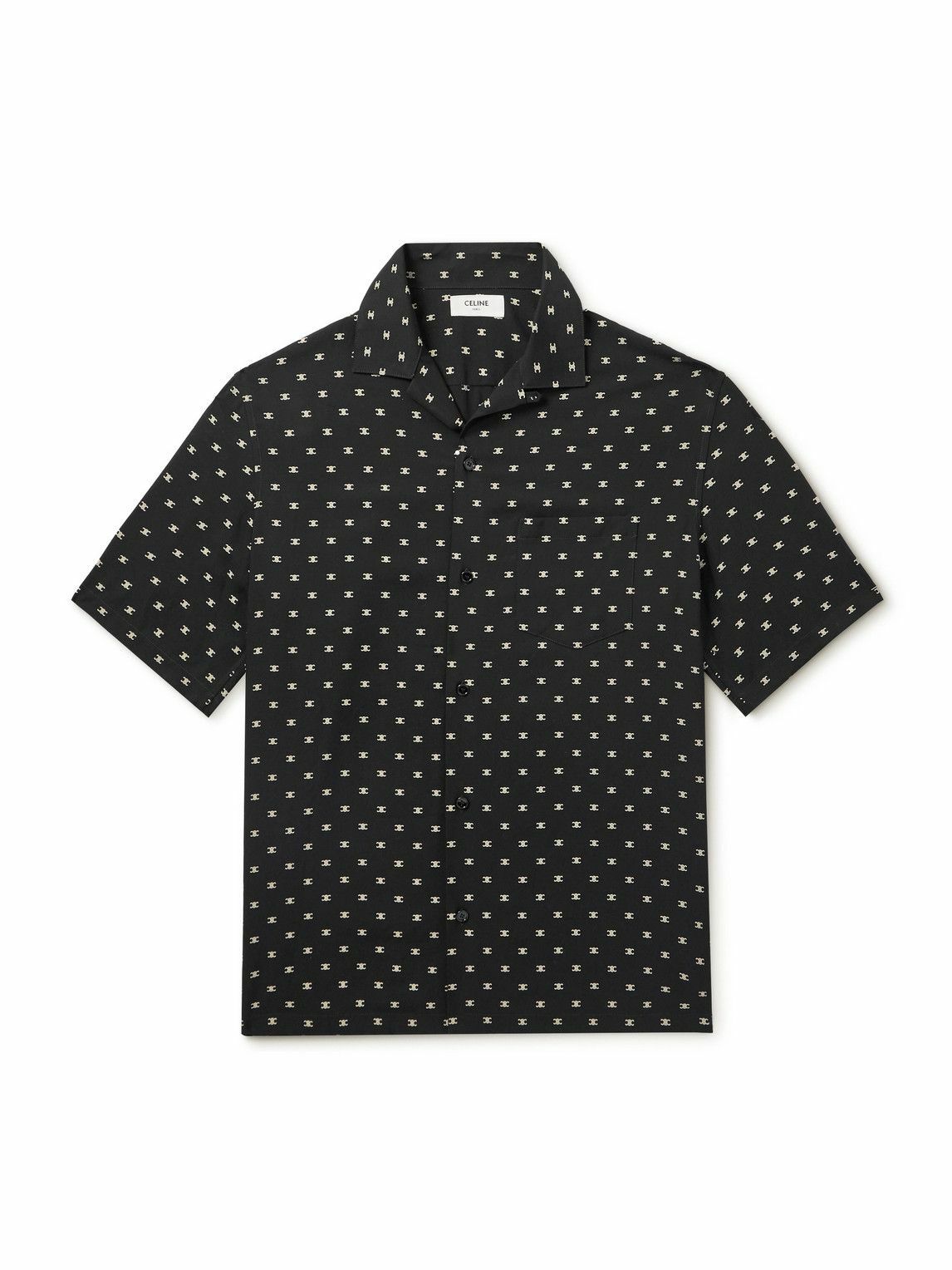 CELINE - Convertible-Collar Logo-Print Silk-Satin Shirt - Black