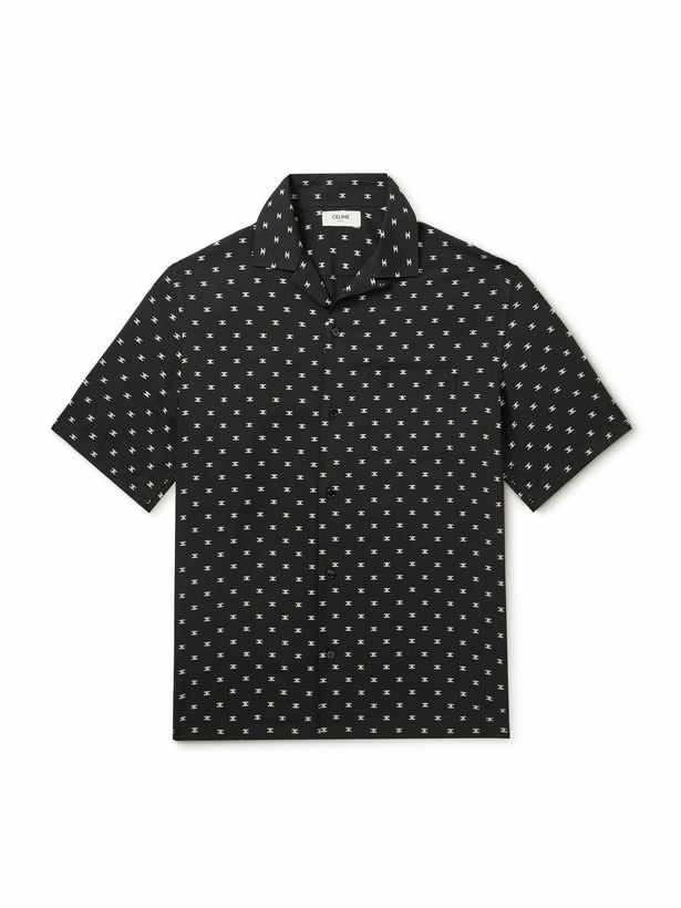 Photo: CELINE - Convertible-Collar Logo-Print Silk-Satin Shirt - Black