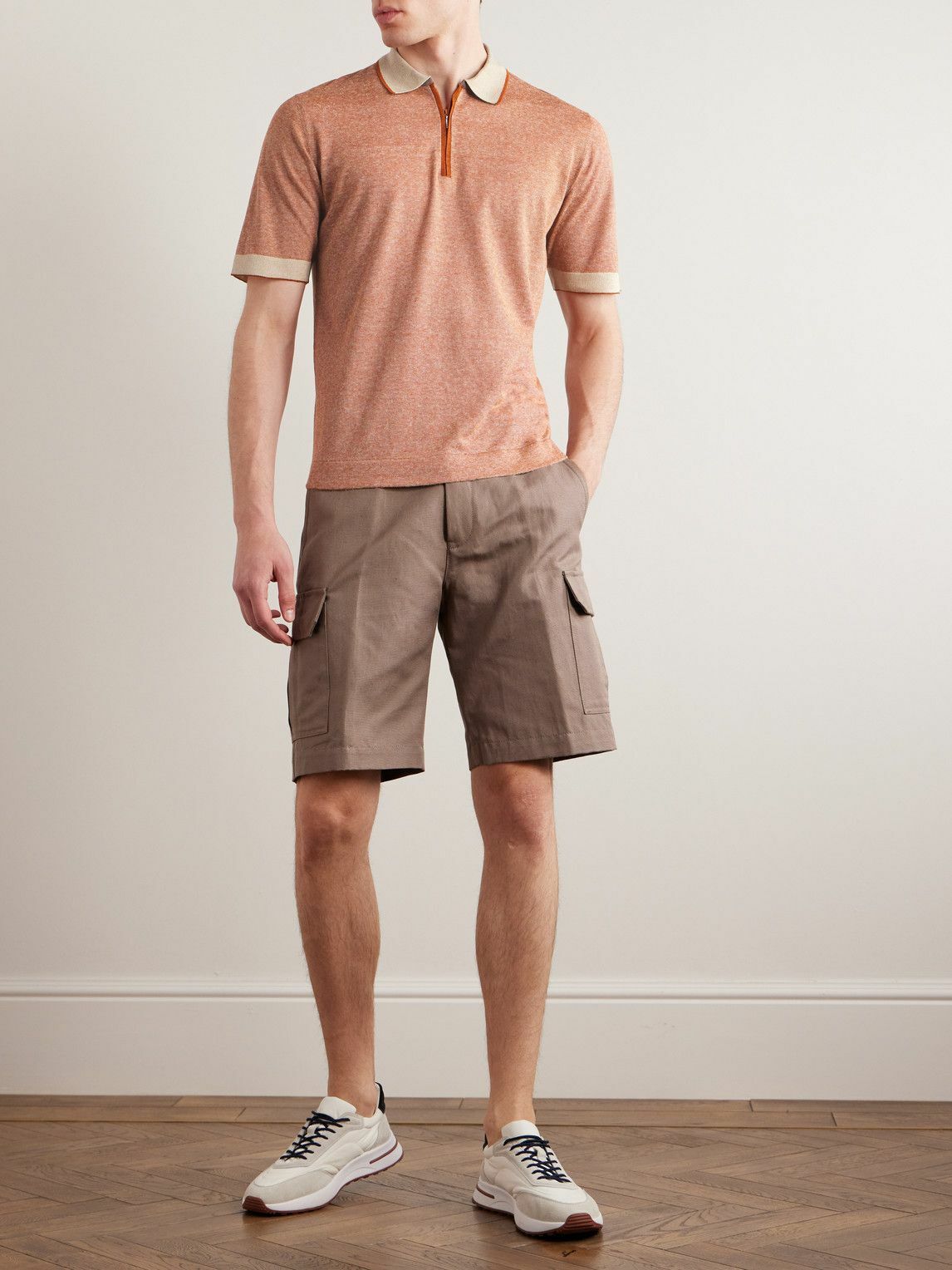 Loro Piana - Slim-Fit Striped Silk and Linen-Blend Polo Shirt - Orange