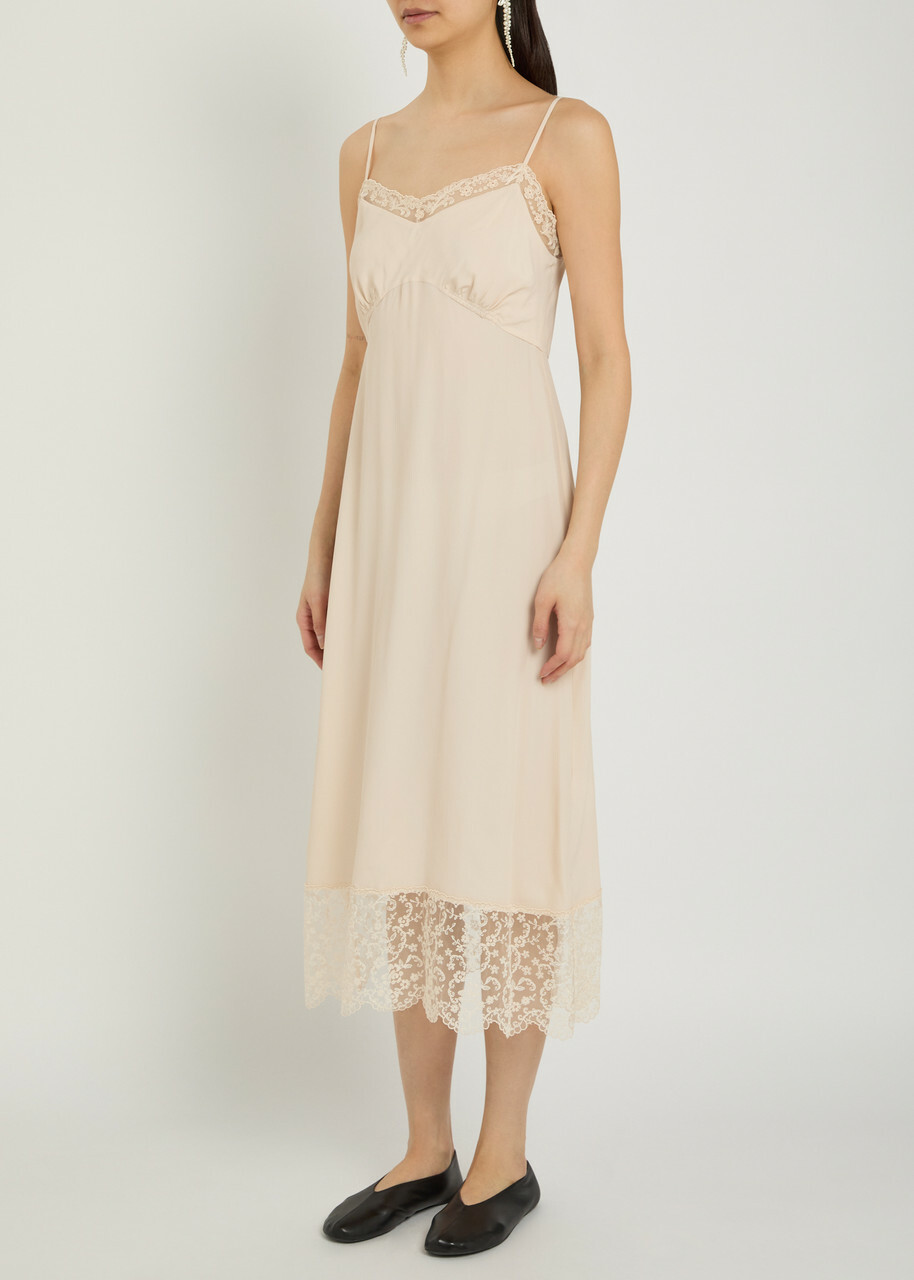 Simone Rocha Lace-trimmed Crepe-de-chine Midi Dress Nude