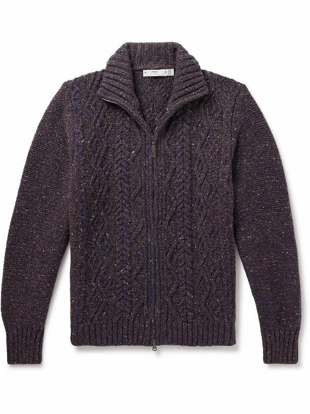 Photo: Inis Meáin - Cable-Knit Donegal Merino Wool and Cashmere-Blend Zip-Up Cardigan - Purple
