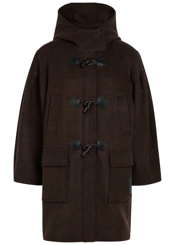 Photo: Ganni Logo-appliquéd Hooded Wool-blend Peacoat Dark Brown