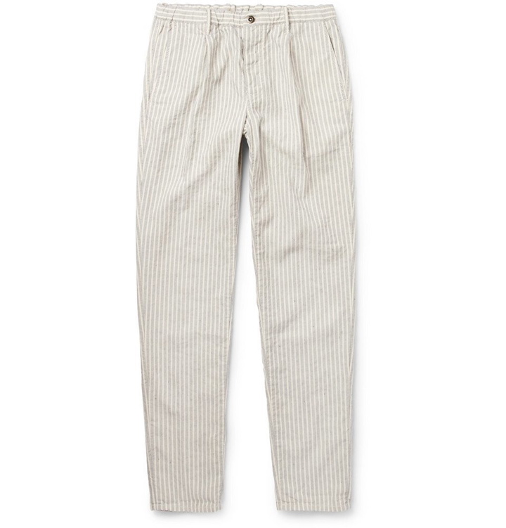 Photo: Incotex - Slim-Fit Tapered Striped Cotton and Linen-Blend Trousers - Men - Navy