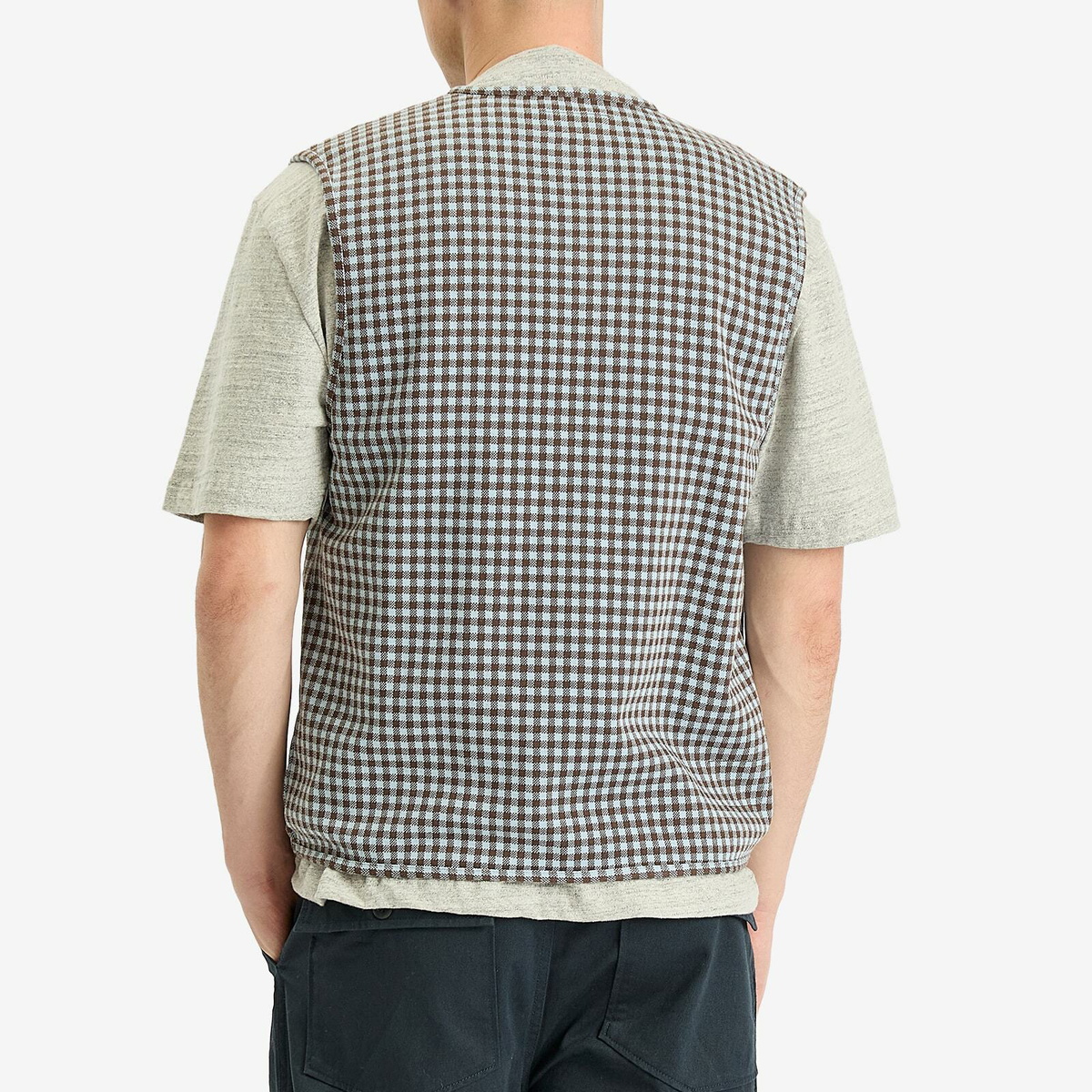 Universal Works Men's Gingham Cotton Zip Gilet in Brown/Sky