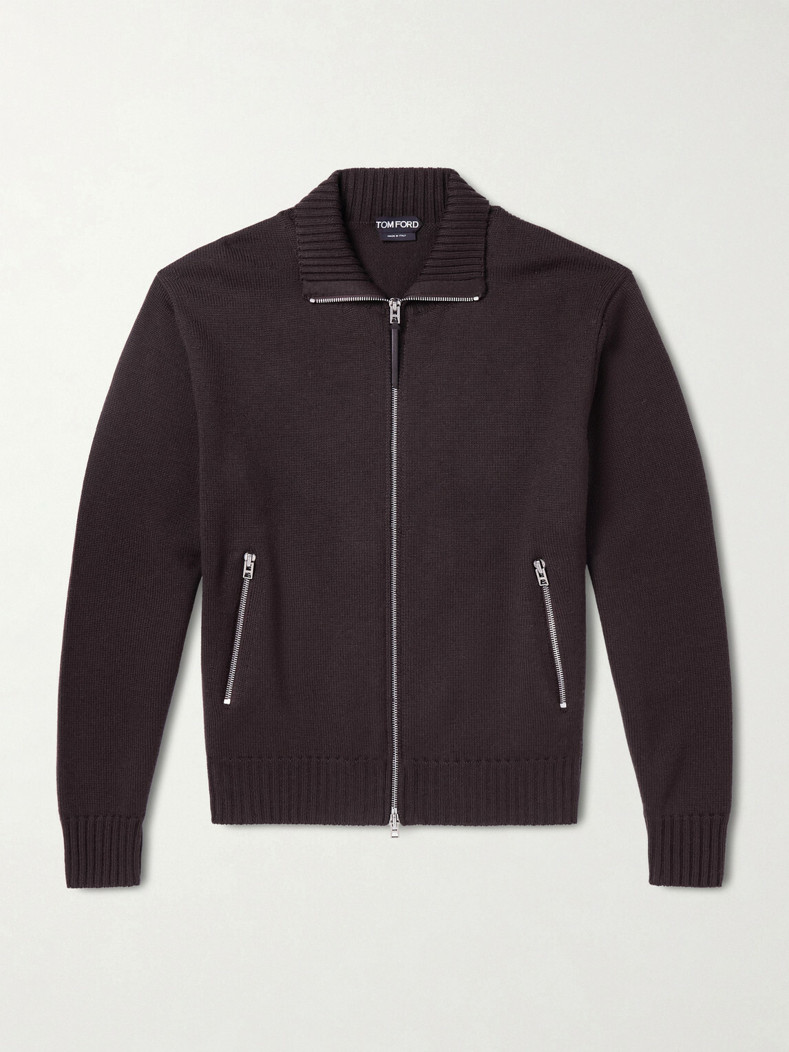 TOM FORD - Leather-Trimmed Merino Wool Cardigan - Brown