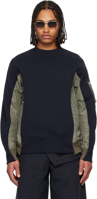 Photo: sacai Navy & Khaki Sponge Sweat & Nylon Twill Sweatshirt