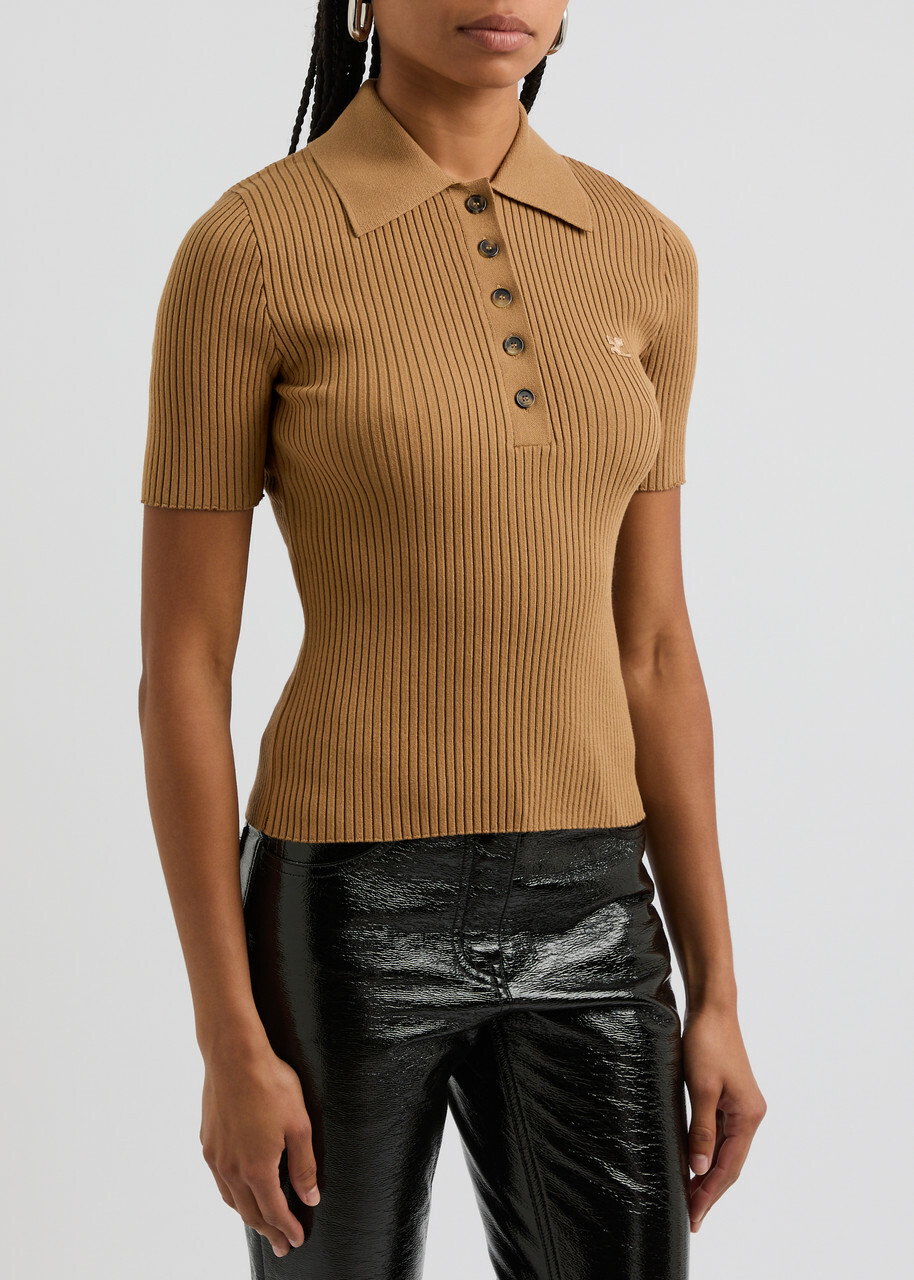 Courrèges Logo Ribbed-knit Polo Shirt Beige Courreges Courrèges Logo Ribbed-knit Polo Shirt Beige Courreges