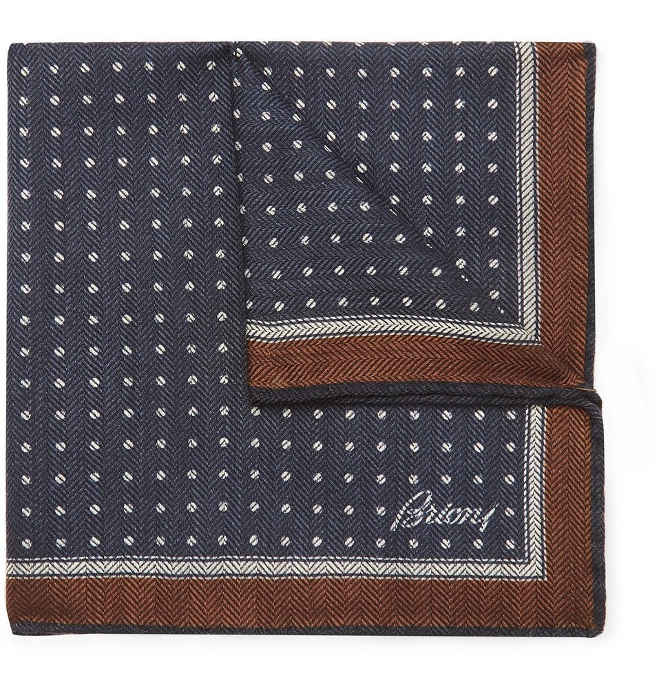 Photo: Brioni - Printed Wool and Silk-Blend Herringbone Pocket Square - Navy