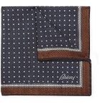 Brioni - Printed Wool and Silk-Blend Herringbone Pocket Square - Navy