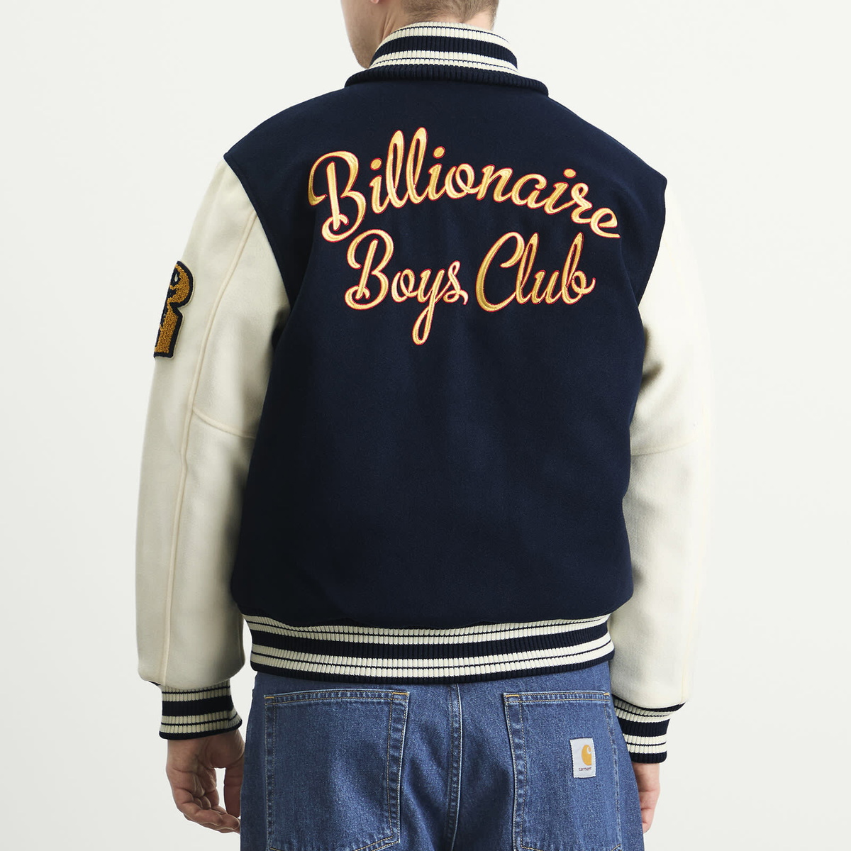 Billionaire Boys Club Men's Fanfare Script Logo Varsity Jacket in Navy/Cream