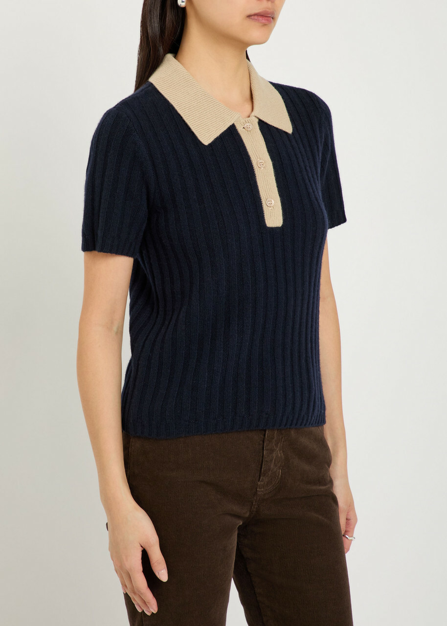Frame Ribbed Cashmere Polo top Navy