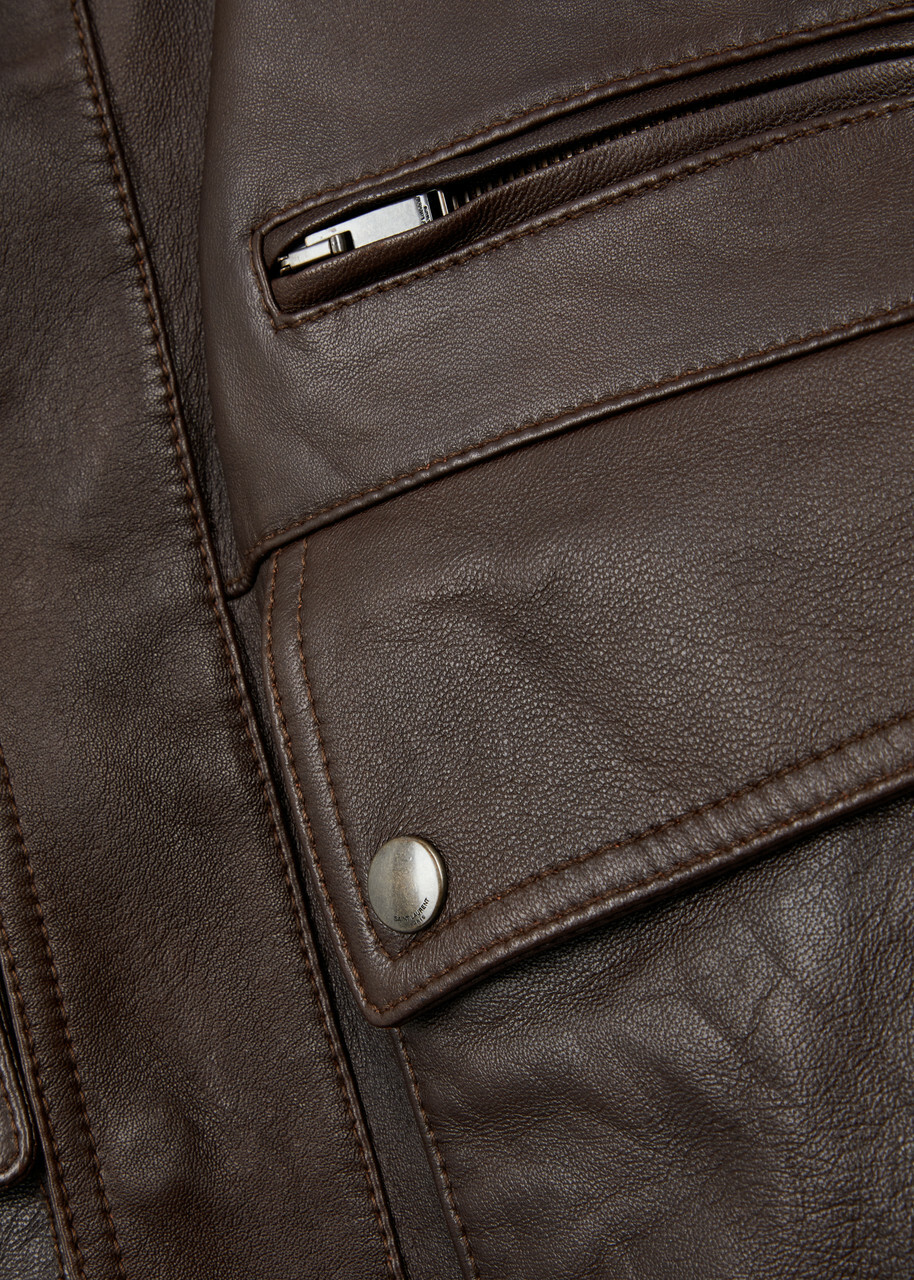 Saint Laurent Women's Brown High-Neck Leather Jacket Saint Saint Laurent Women's Brown High-Neck Leather Jacket Saint