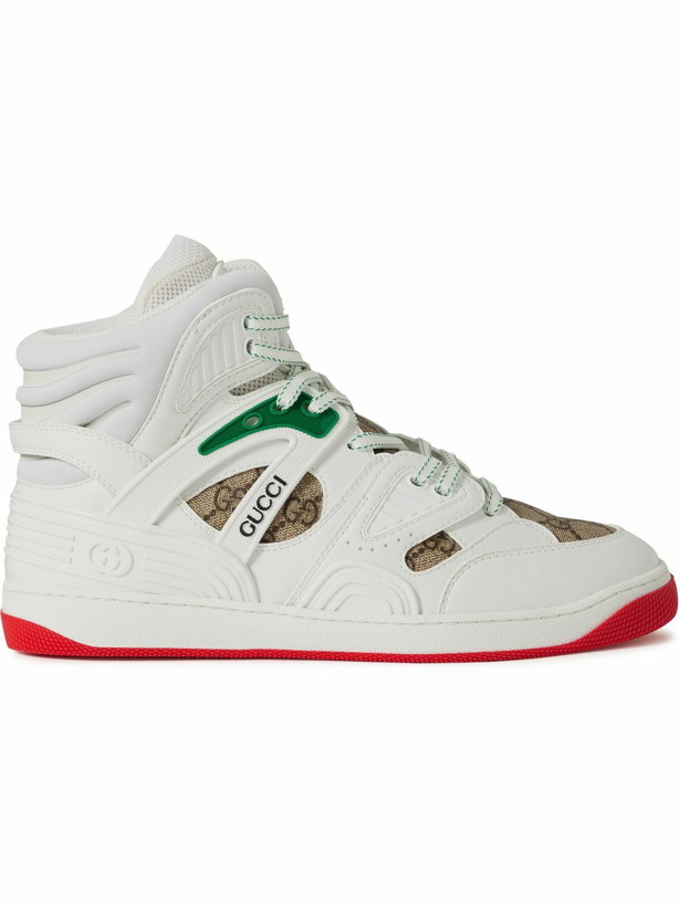 Photo: GUCCI - Basket Rubber-Trimmed Monogrammed Canvas and Leather High-Top Sneakers - White