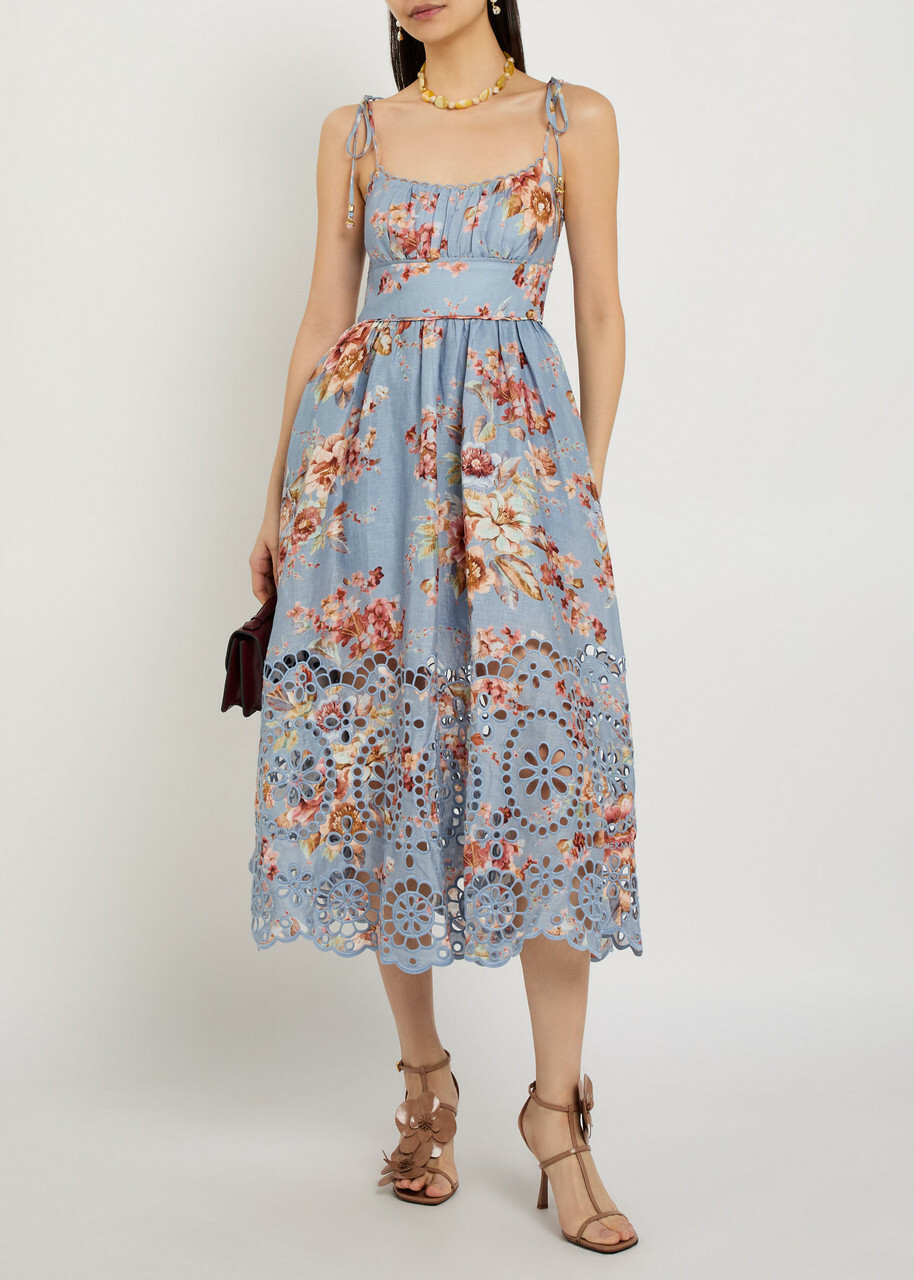 Zimmermann Awaken Picnic Floral-print Linen Midi Dress Multicoloured 1
