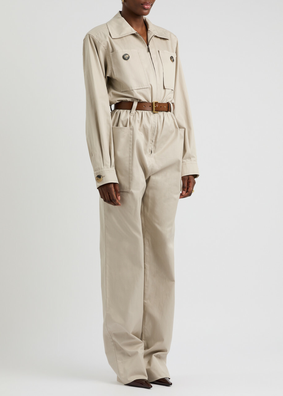 Saint Laurent Belted Cotton Jumpsuit Beige