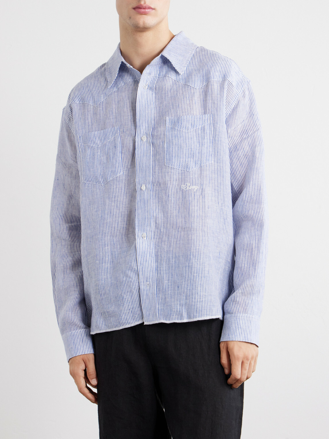 Cherry Los Angeles - Striped Linen Western Shirt - Blue