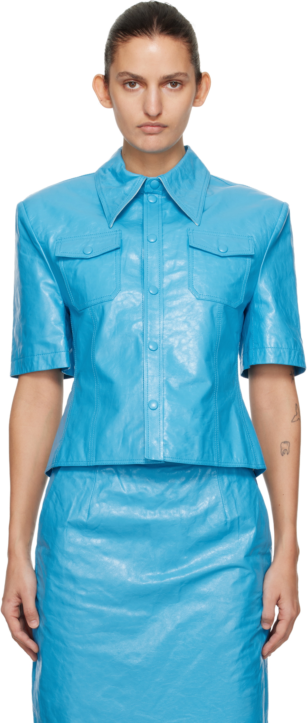WILLY CHAVARRIA Blue Chavela S/S Leather Shirt