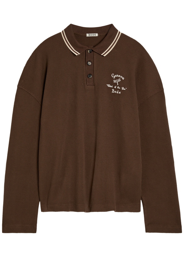 Photo: Bode Geneva Logo-embroidered Waffle Polo Shirt Dark Brown