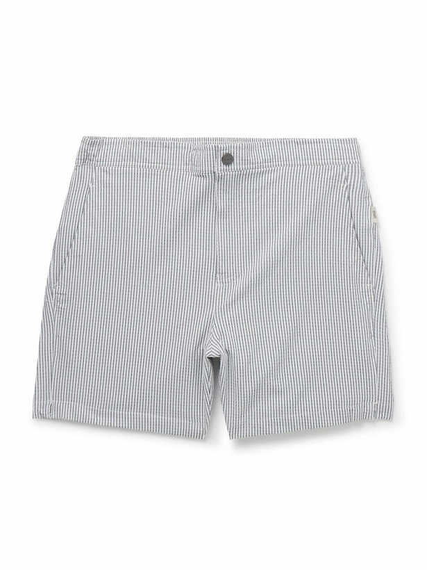 Photo: Onia - Calder Straight-Leg Mid-Length Striped Seersucker Swim Shorts - Blue