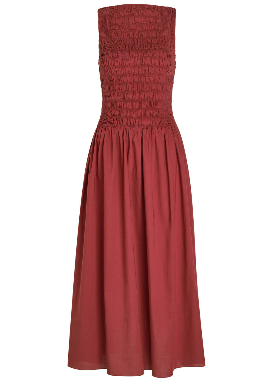 Faithfull The Brand Margot Shirred Cotton Midi Dress Dark Pink